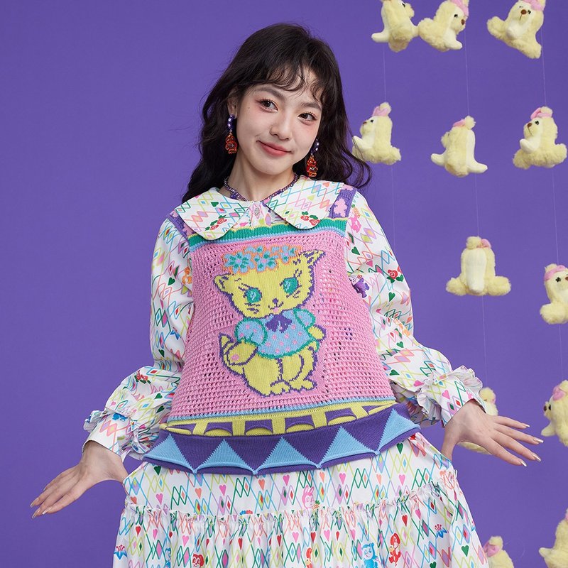 可愛小貓 粉色鏤空 針織吊帶背心 - 女裝上衣 - 其他材質 粉紅色