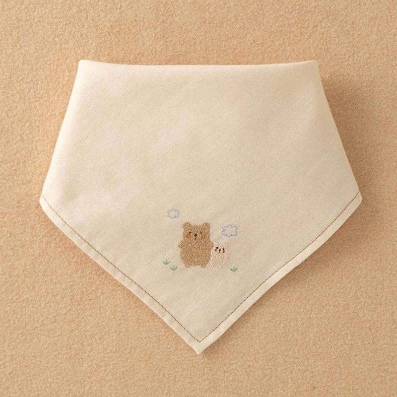 棉．麻 圍兜/口水巾 - 【日本Amorosa Mamma有機棉】嬰兒棉紗圍兜/紗布口水巾  小熊刺繡