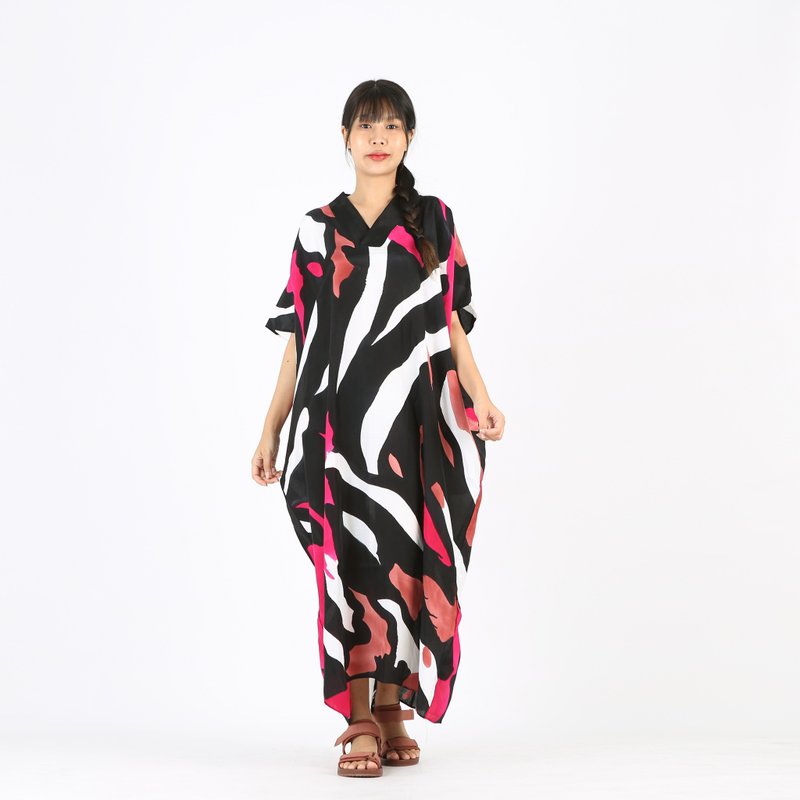Kaftan V Nack Cotton Silk Hand Paint Free Size - 洋裝/連身裙 - 棉．麻 紅色