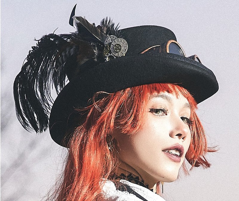 蒸汽朋克 steampunk 黑色復古 羽毛風鏡 羊毛毛呢 平頂禮帽 - 帽子 - 聚酯纖維 黑色