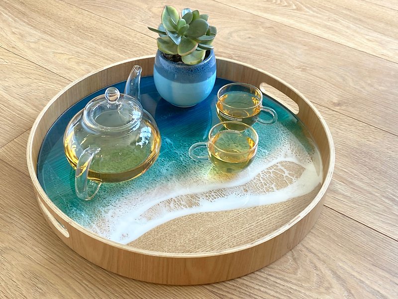 Wood Serving Tray with Handle, Aqua Ocean, Wedding Gift, Home Gift - จานและถาด - ไม้ สีน้ำเงิน
