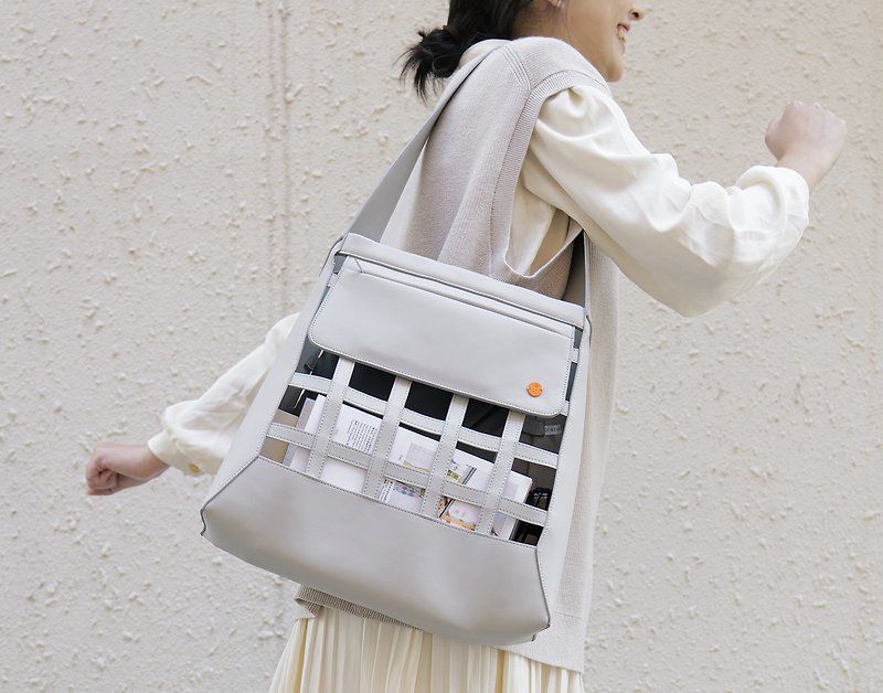 [Tote Bag] Mesh Woven Tote Leather Bag Shoulder Bag Plastic Bottle Recycling - Handbags & Totes - Polyester Gray