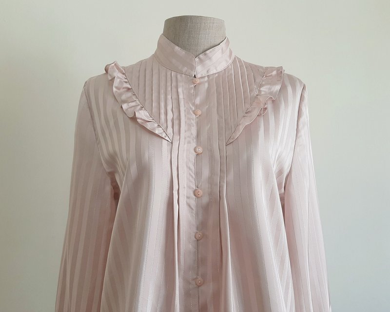 XS Vintage Rose Gold Metallic Striped Ruffle Blouse Womens Long Sleeve Top - 女上衣/長袖上衣 - 聚酯纖維 粉紅色