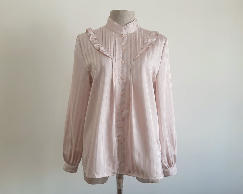 XS 復古玫瑰金金屬條紋荷葉邊女款長袖上衣 - 女上衣/長袖上衣 - 聚酯纖維 粉紅色