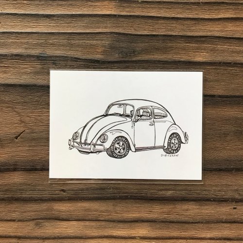 手描きの古い車のポストカード-フォルクスワーゲンビートルvwビートル