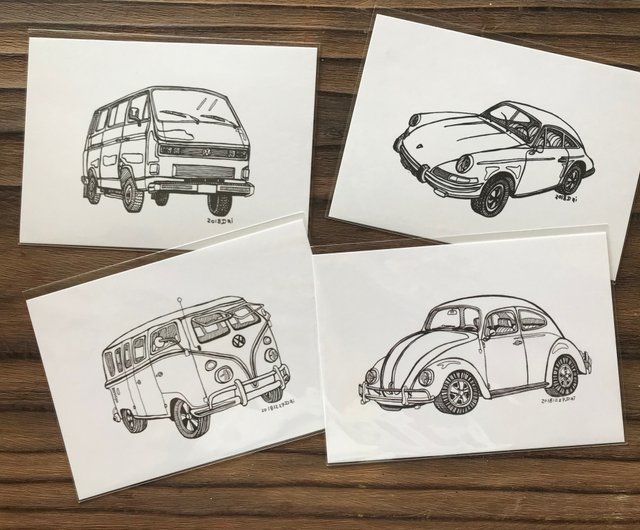 手描きの古い車のポストカード-フォルクスワーゲンビートルvwビートル