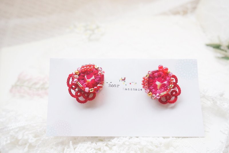 Handmade Earrings, Embroidery X Tatting, Cotton  - Earrings & Clip-ons - Cotton & Hemp Red