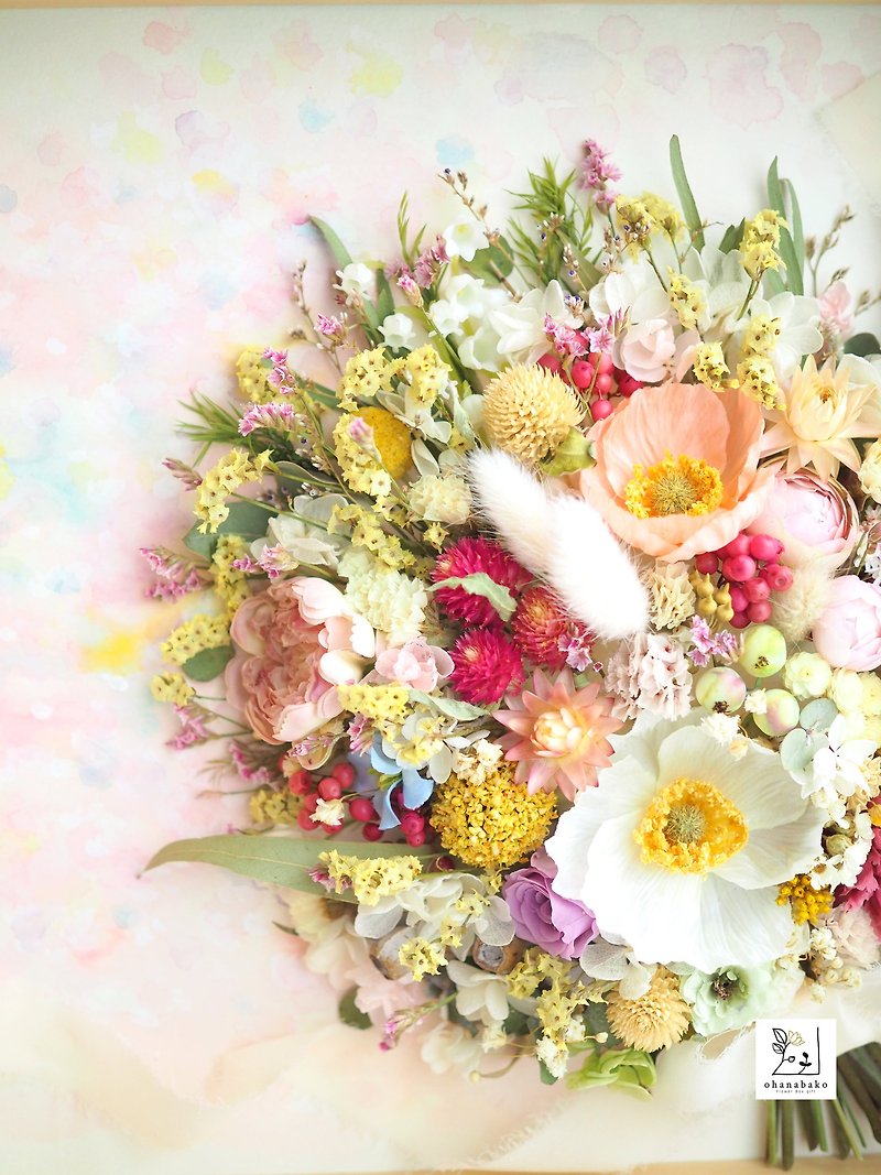 【特別な日のお祝い・誕生日・サロン飾り】プリザーブドフラワー・ドライフラワーと水彩画の花ミクストメディアフレーム30cm角サイズ-いつも心に花束を- - 乾燥花/永生花 - 植物．花 多色
