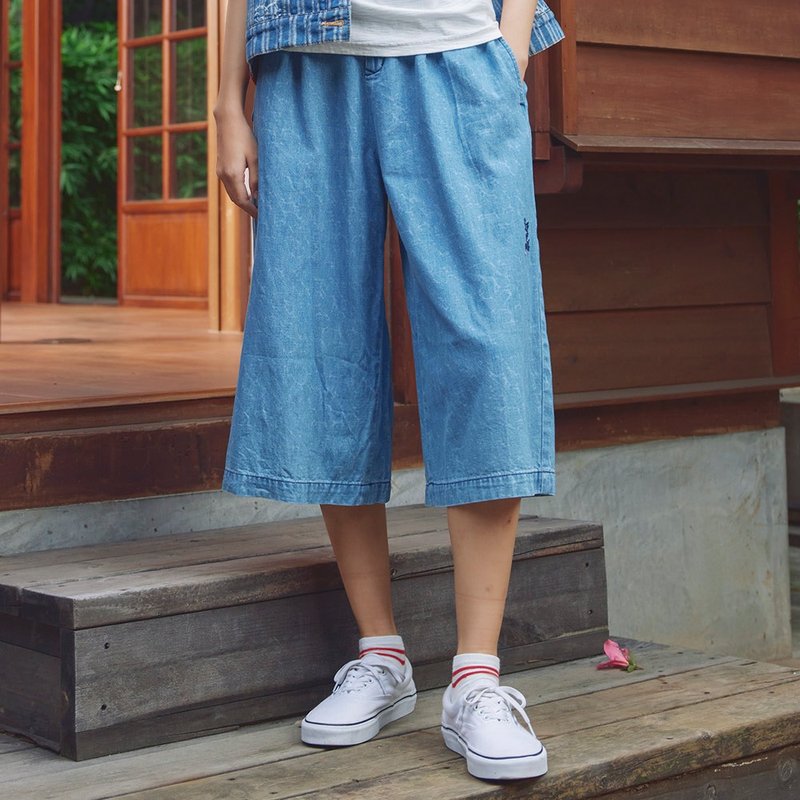 Edo Katsuki wide version water ripple wide pants-women's style (fading light blue) #pants#wide pants - Women's Pants - Cotton & Hemp Blue