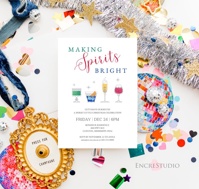 Christmas Party Invitation Canva Template - Making Spirits Bright Cocktail Party - 電子喜帖/賀卡/邀請函 - 其他材質 