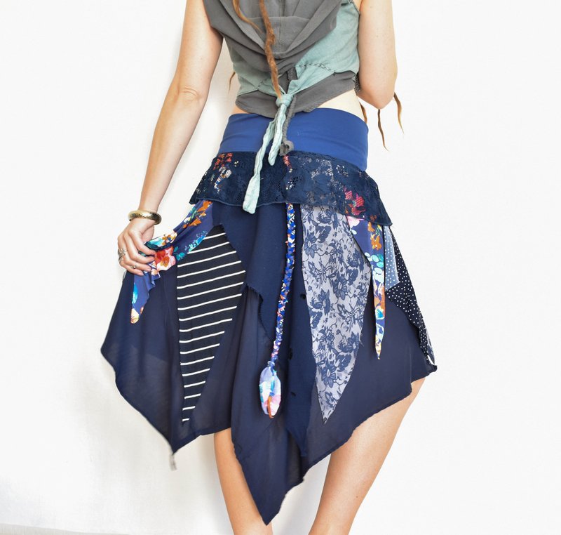 Dark blue festival skirt, flower fairy costume, skirt with braids - 裙子/長裙 - 其他材質 藍色