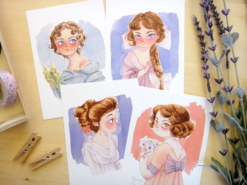 Vintag Girls Illustrated Watercolor Postcards, Fashion, Mini Art Print, 4 Design - Cards & Postcards - Paper Multicolor