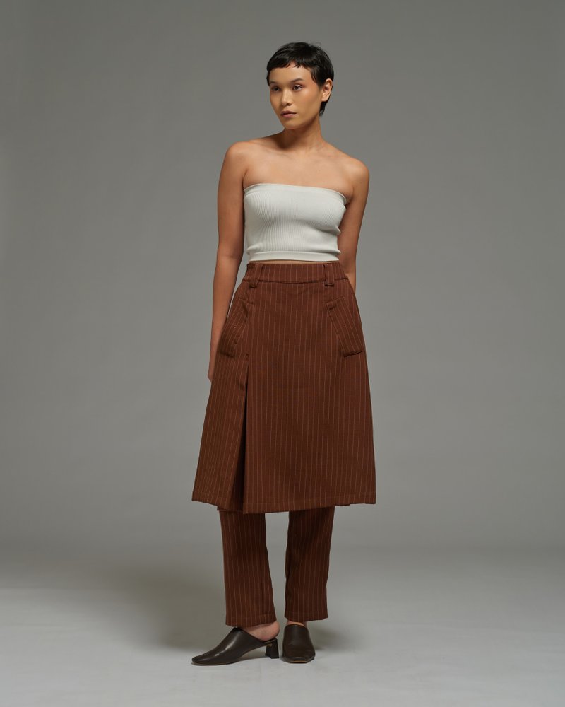 Unisex: Skirt Pants (Brown Stripe) - 女長褲 - 聚酯纖維 咖啡色