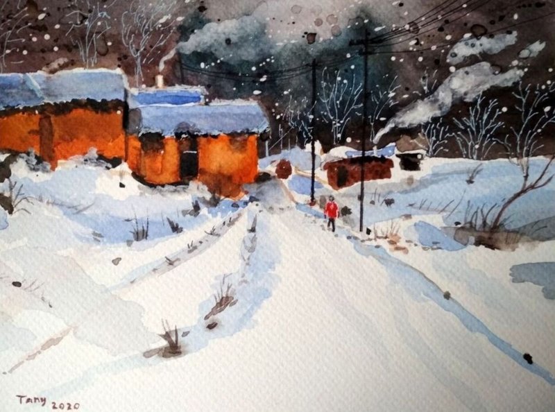 Winter village evening - 壁貼/牆壁裝飾 - 紙 