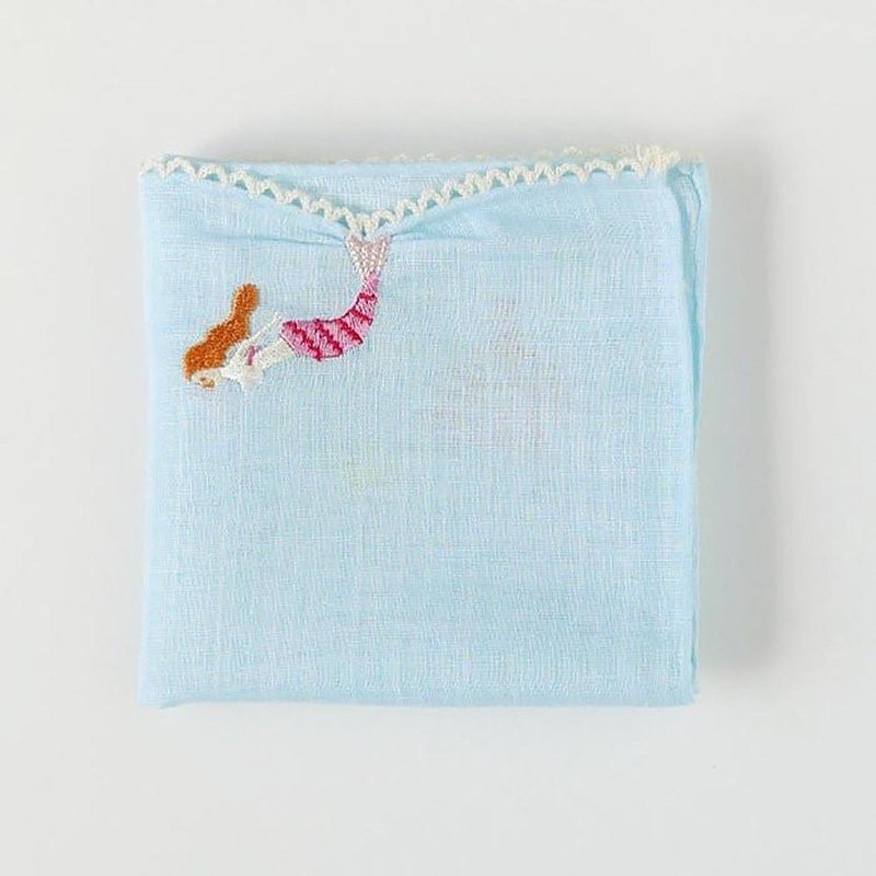 HIKKOMI Mermaid Handkerchief 41 x 41 cm 50% cotton 50% linen Made in Japan Gift - ผ้าเช็ดหน้า - ผ้าฝ้าย/ผ้าลินิน สีน้ำเงิน