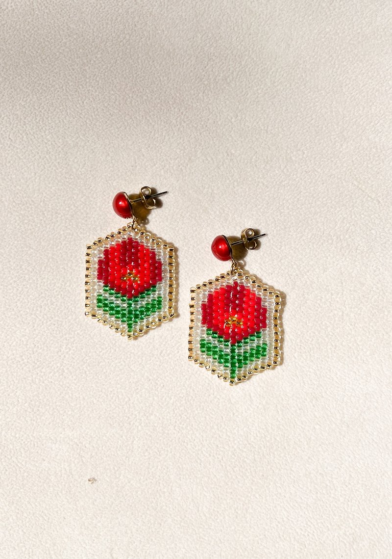 Flower Frame Beaded Earring-(FW2) - Corsages - Precious Metals Red