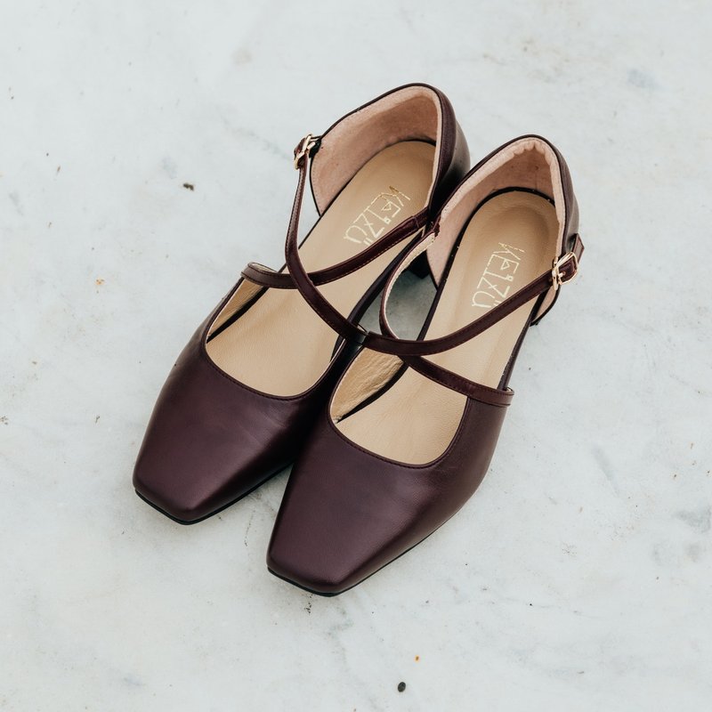 Lambskin cross-strap 3.5 cm low heels | Burgundy - รองเท้าส้นสูง - หนังแท้ สีแดง