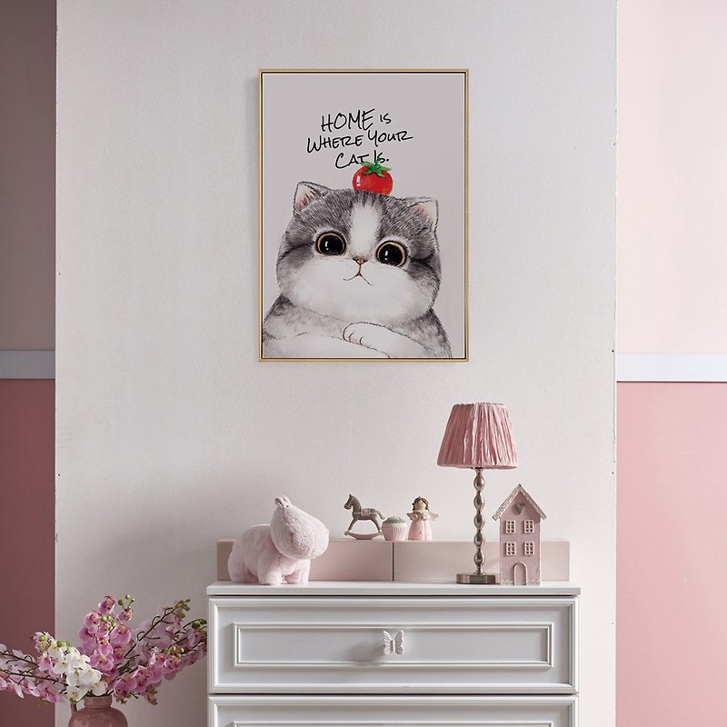 There is a cat is home - painting / children's room / home / cat / sofa background / bedroom painting / porch / home - Posters - Other Materials Multicolor
