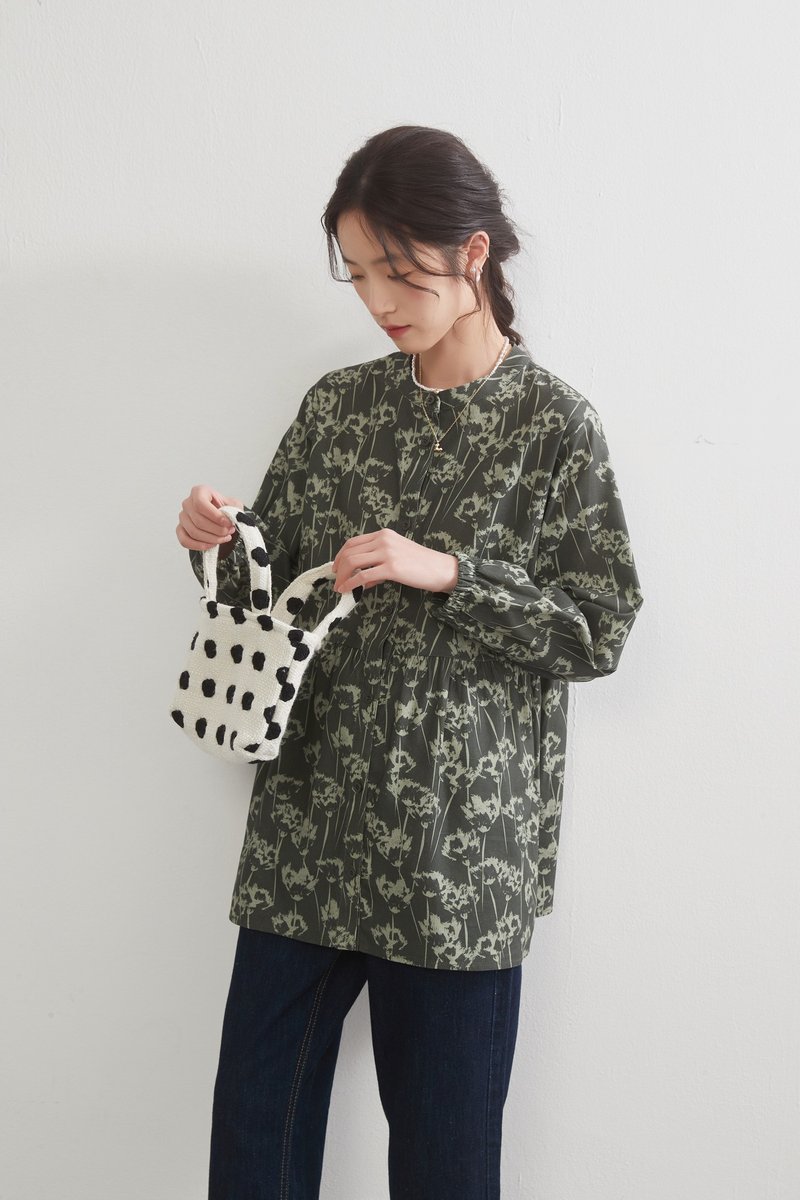 綿100深緑のプリントギャザー切替ブラウス - 女襯衫 - 棉．麻 綠色