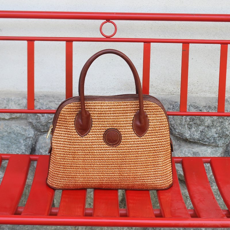 Made in Italy (Italian gold zipper label) Vintage rattan woven handbag (birthday gift) - กระเป๋าถือ - วัสดุอื่นๆ สีนำ้ตาล