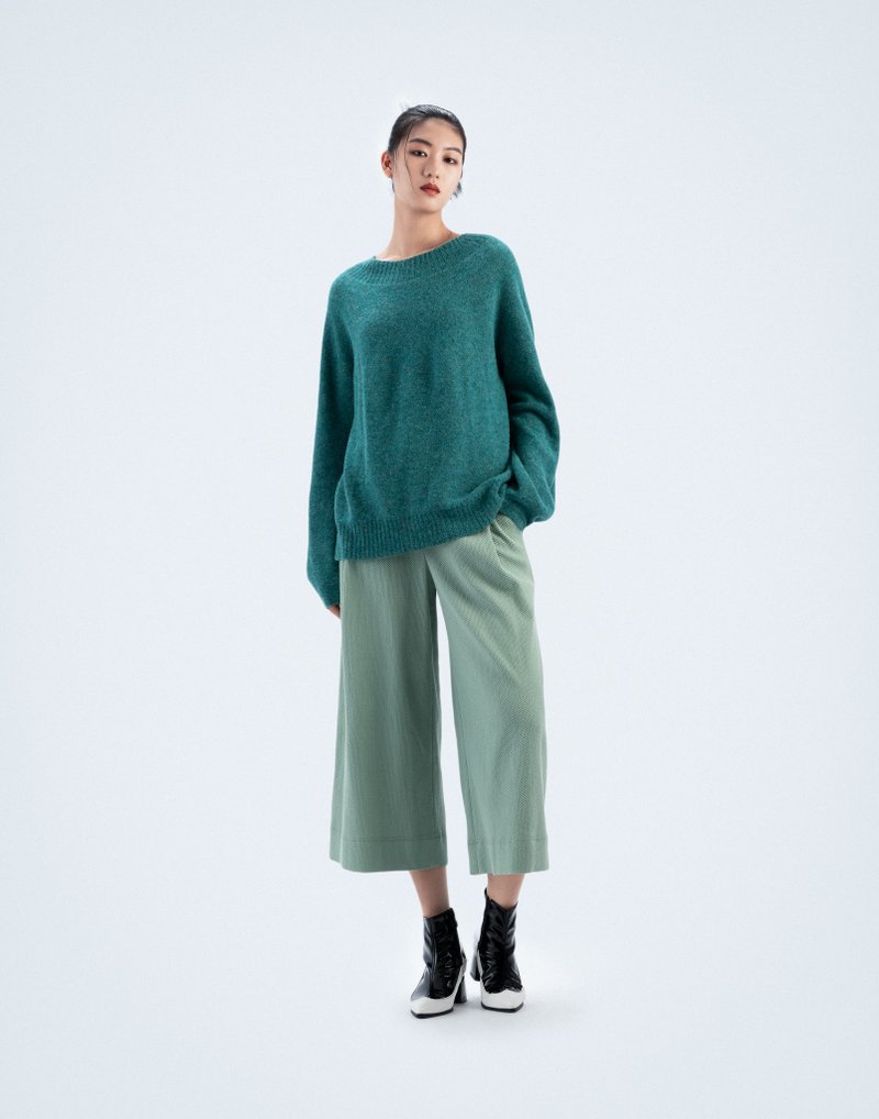 UUIN_綠華夫格拉鍊裝飾褲 - 女長褲 - 棉．麻 綠色