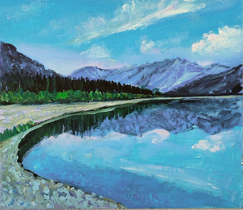 หุบเขาภูเขาในแคนาดา งานศิลปะ ภาพวาดสีน้ำมันทะเลสาบ งานศิลปะวิจิตรศิลป์โดยงานศิลป - ตกแต่งผนัง - วัสดุอื่นๆ สีม่วง