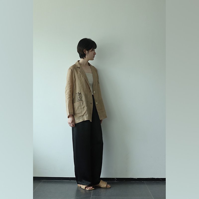 Khaki hand-embroidered Ramie thin coat simple casual shirt shirt - เสื้อเชิ้ตผู้หญิง - ผ้าฝ้าย/ผ้าลินิน สีกากี
