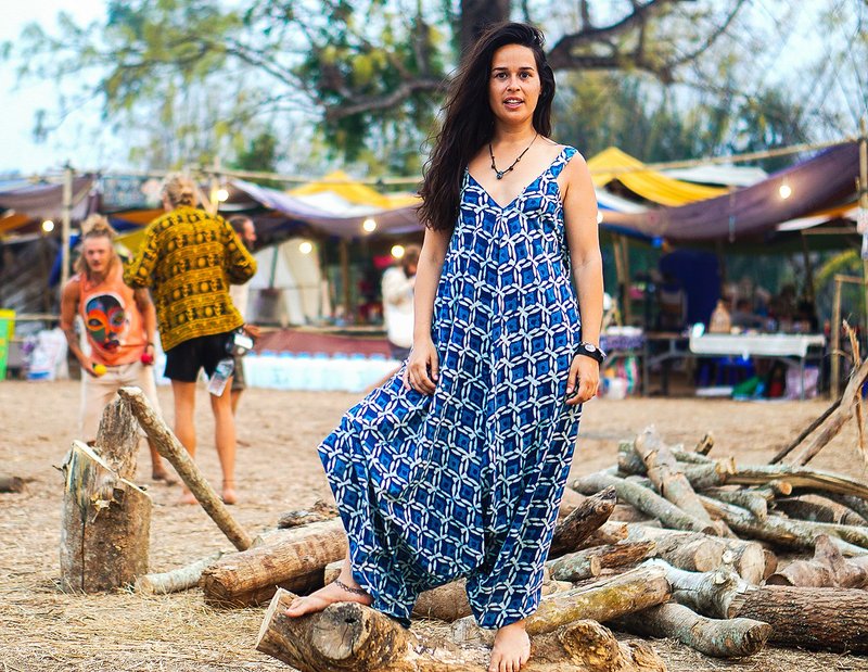 Batik natural blue indigo jumpsuit. Festival cotton wide leg overall for women. - 吊帶褲/連身褲 - 其他材質 