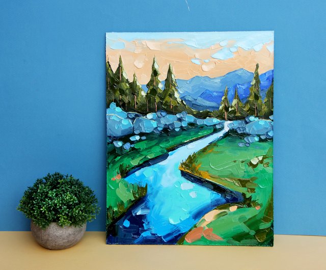 Mountain River Landscape Painting, Canvas Painting, Small Oil Painting