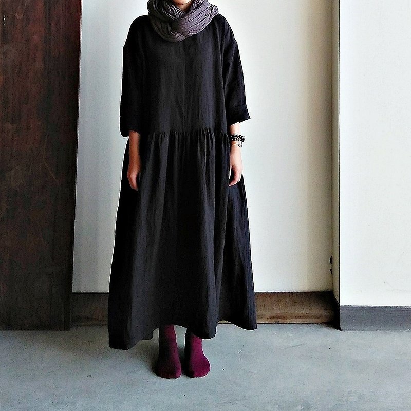 Satin-folded loose dress linen washed black/colors available - One Piece Dresses - Cotton & Hemp Black