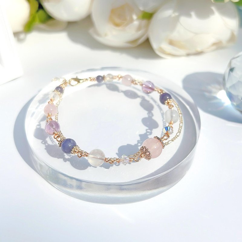 Rose quartz | moonstone | amethyst | Stone 14K gold-filled crystal bracelet | peach blossom, popularity - สร้อยข้อมือ - คริสตัล สีทอง