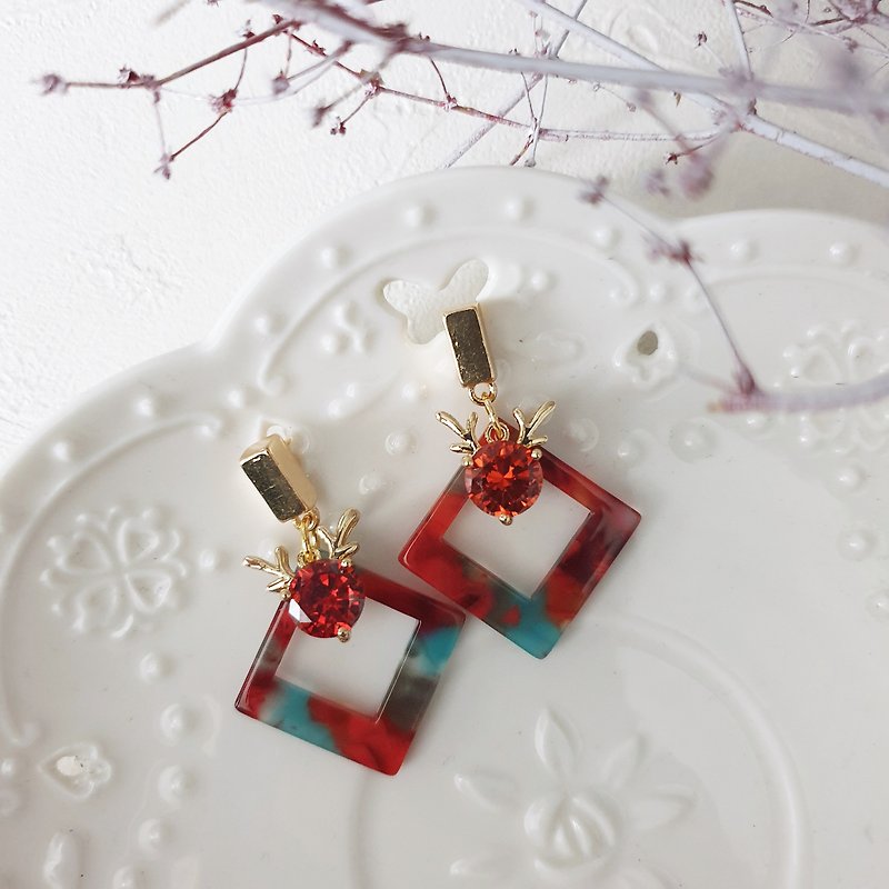 Red Nosed Elk-Clip Earrings Pin Earrings-Christmas - ต่างหู - โลหะ สีแดง