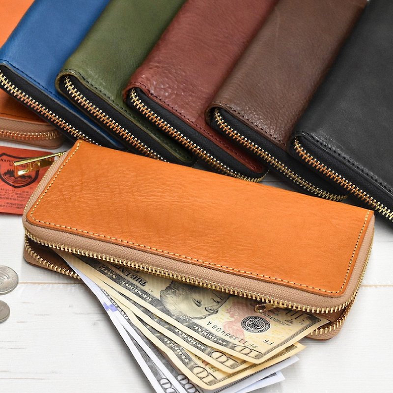 Tochigi Leather Round Zipper Long Wallet Made in Japan Made in Japan Cowhide Genuine Leather Name Engraved Camel JAW016 - กระเป๋าสตางค์ - หนังแท้ สีส้ม
