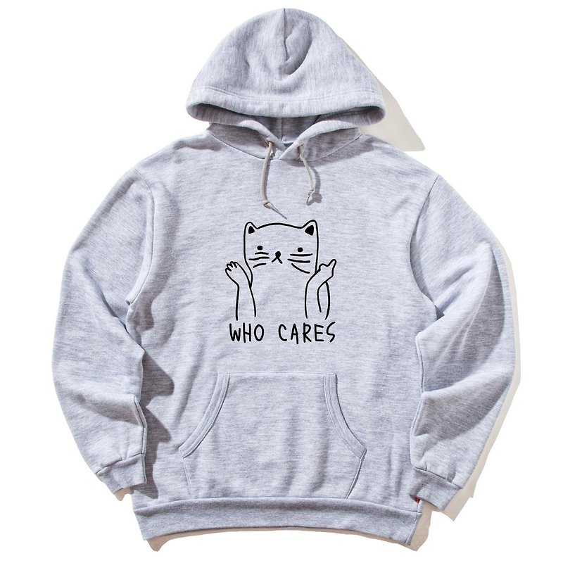 Who Cares Cat #2 gray hoodie sweatshirt - เสื้อฮู้ด - ผ้าฝ้าย/ผ้าลินิน สีเทา