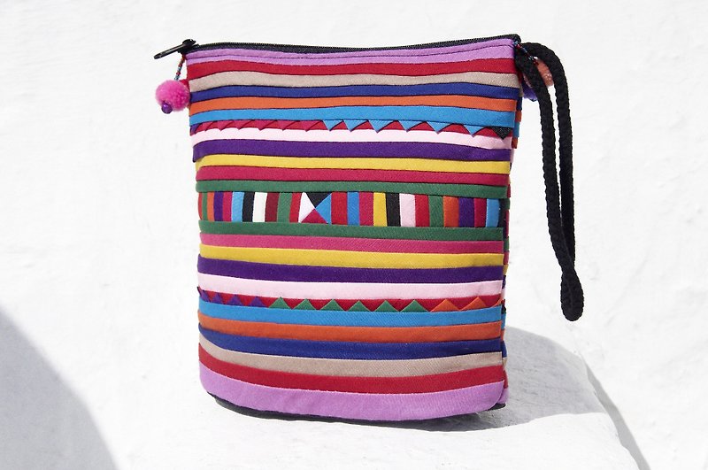 Christmas gift creative gift exchange gift limited one design handmade cotton cosmetic bag / storage bag / small bag / sundries bag / mobile phone bag / travel clutch / ethnic bag / camera bag-rainbow color patchwork for the world of travel - Clutch Bags - Cotton & Hemp Multicolor