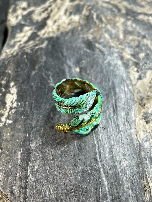 MAFIA JEWELRY Green Patina Native American Feather Ring.