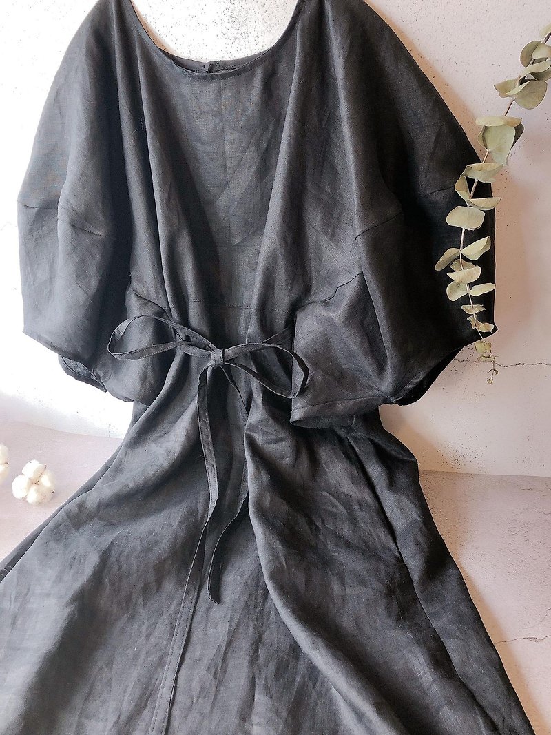 One-sleeve fluffy cloud puff sleeve dress - black linen - One Piece Dresses - Cotton & Hemp Black