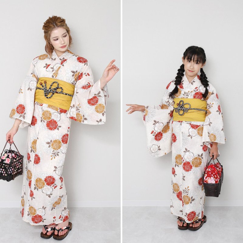 Yukata and Obi 2-piece set for women, adults, children, juniors, parents and children, short height, F/S(150)/140/130 size x23-2 - อื่นๆ - ผ้าฝ้าย/ผ้าลินิน สีส้ม