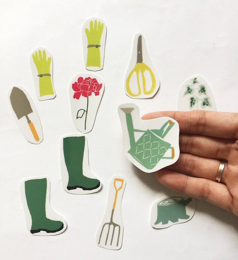 園藝透明貼紙  小園丁手剪貼紙 玫瑰花園裡的雨鞋與工具  一包11入 - 剪刀/拆信刀 - 塑膠 綠色