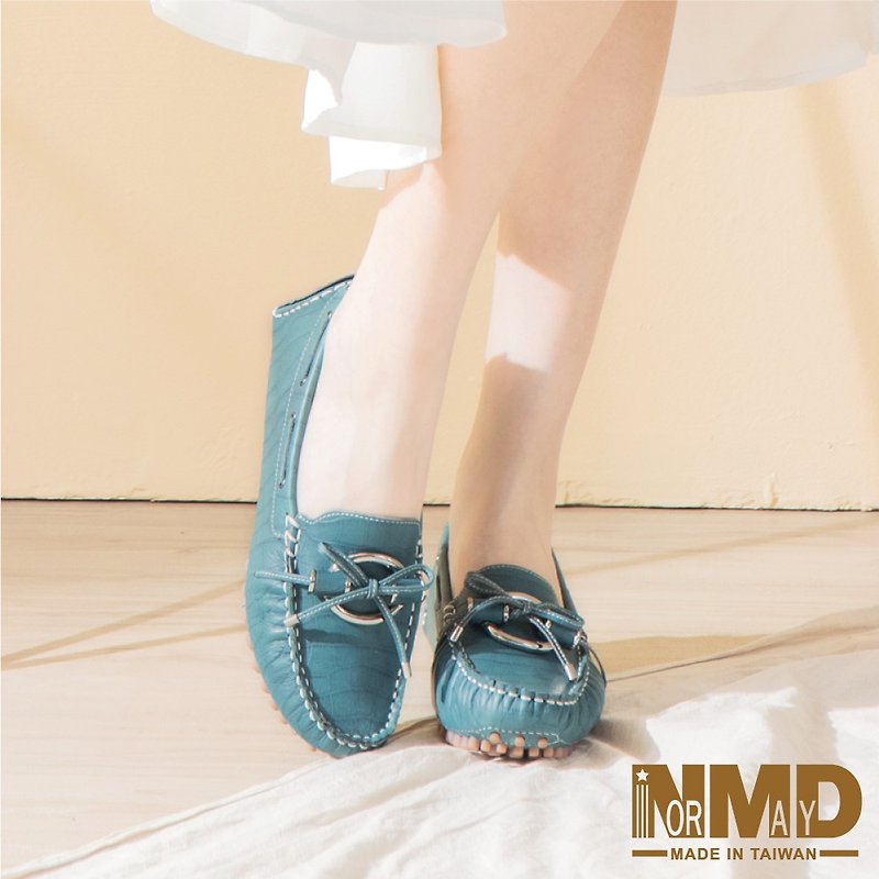Buckle Crocodile Pattern Lok Fu Magnetic Leather Peas Shoes (Intellectual Blue) - รองเท้าอ็อกฟอร์ดผู้หญิง - หนังแท้ สีน้ำเงิน