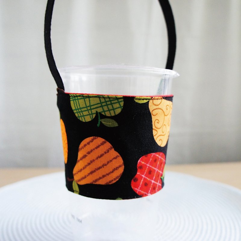 Lovely【European and American cloth】Fruit black tea large cold drink cup bag, carry bag, environmental protection cup set【Black】 - Beverage Holders & Bags - Cotton & Hemp Black