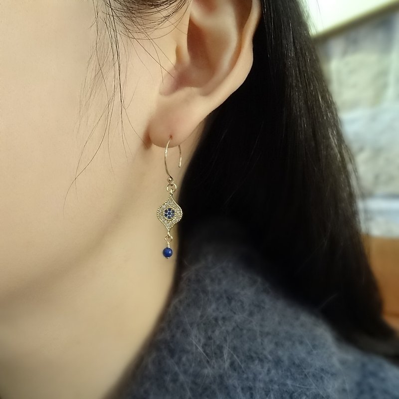 CZ Micro Pave Evil Eye Charm 14K GF Dangle Earrings with Lapis Lazuli Beads - Earrings & Clip-ons - Semi-Precious Stones Blue