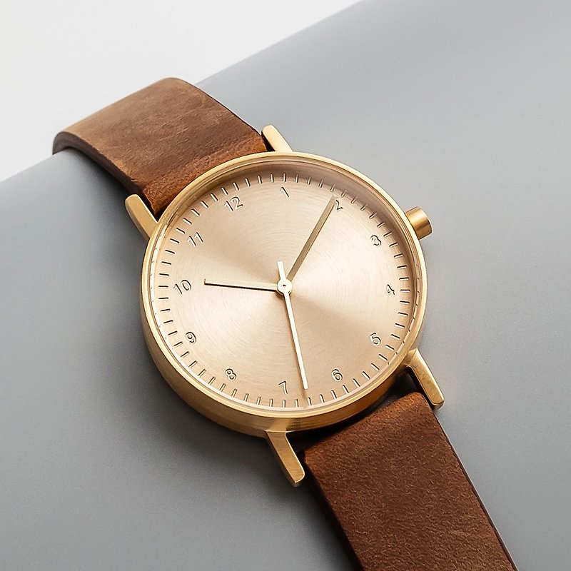 BIJOUONE彼樹灣 B60系列 金色表殼 金色表盤 磨砂棕色真皮帶手錶 - 男錶/中性錶 - 不鏽鋼 金色