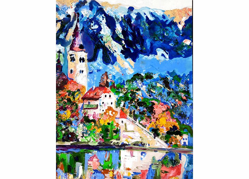 Alps Oil Painting Original Art Mountain Art Impasto Oil Painting - ตกแต่งผนัง - วัสดุอื่นๆ สีน้ำเงิน