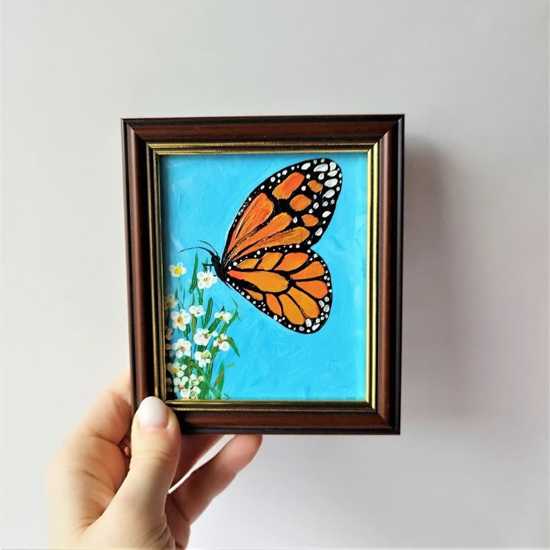 Miniature framed painting with a monarch butterfly / Monarch butterfly painting - Wall Décor - Acrylic Multicolor