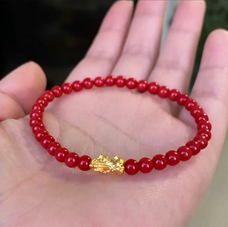 4mm natural red coral 18K gold Pixiu design single circle bracelets - สร้อยข้อมือ - เครื่องประดับพลอย สีแดง