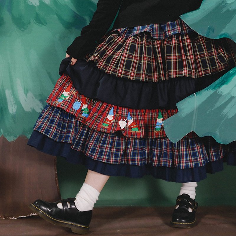 The Secret of Uuchou Island Forest Christmas Plaid Stitching Goblin Gemstone Exquisitely Embroidered Lolita Cake Skirt - Skirts - Other Materials Multicolor