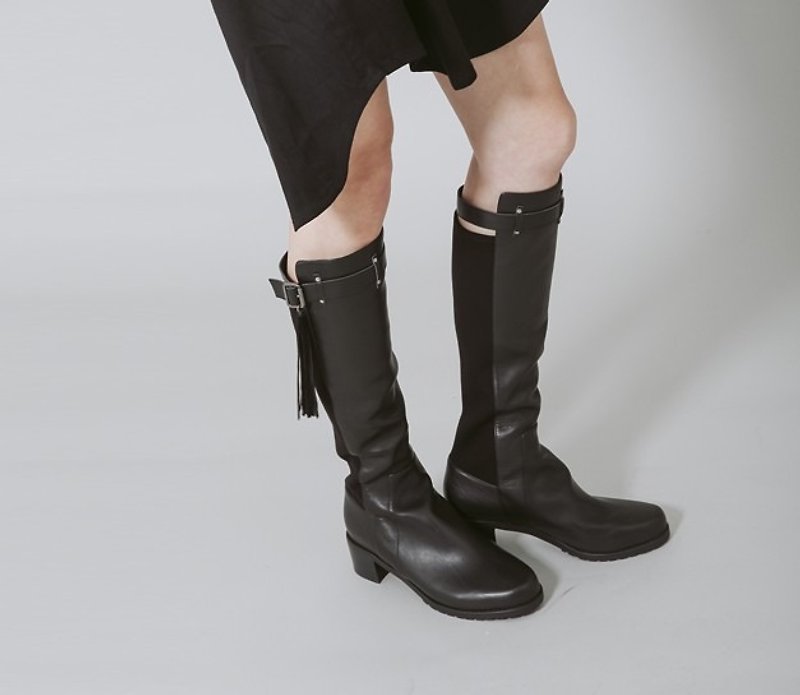 Detachable tassel half leather leggings leather boots black - รองเท้าบูทยาวผู้หญิง - หนังแท้ สีดำ