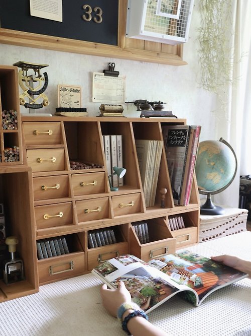 叁杉 復古杉木梯形組合桌面置物架 抽屜收納盒 分隔書架