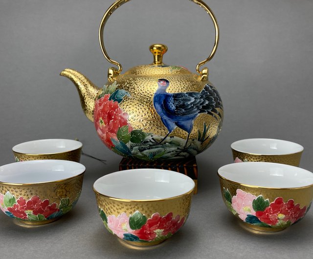 台湾【ゴールド】手描きブルー金茶器 - ショップ GOOD TIME CERAMICS